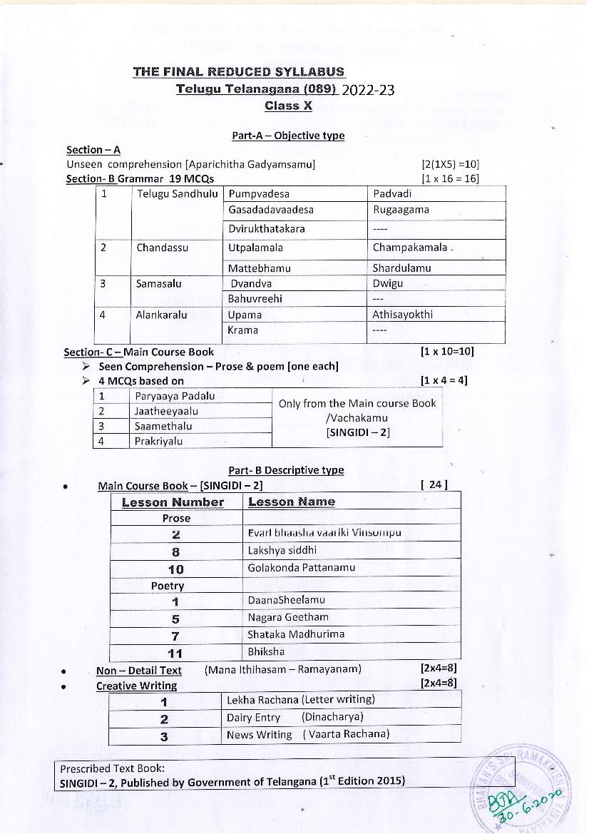 CBSE Class 10 Syllabus 2022-23 Telugu Telangana - Page 1