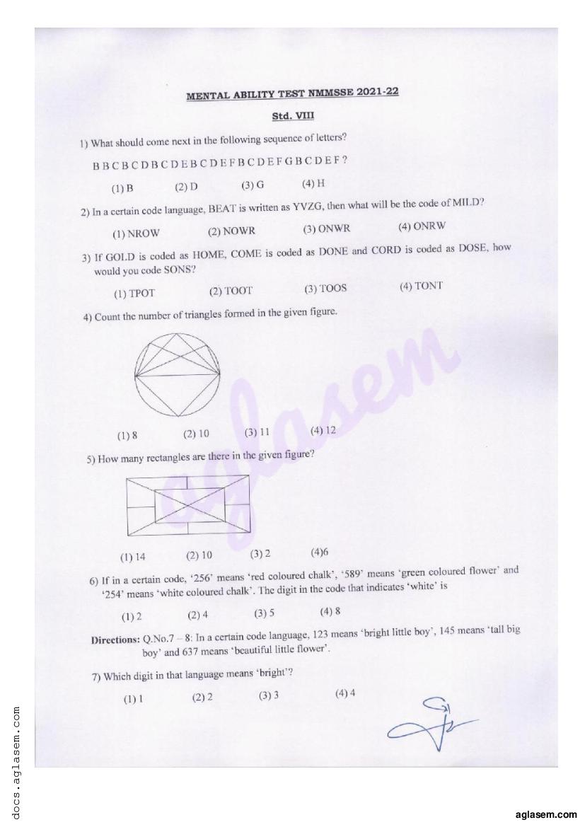 Goa NMMS 2021 Question Paper with Answer Key MAT - Page 1