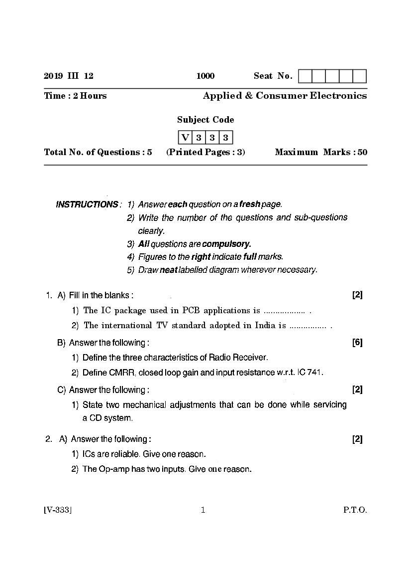 Goa Board Class 12 Question Paper Mar 2019 Applied and Consumer Electronics - Page 1