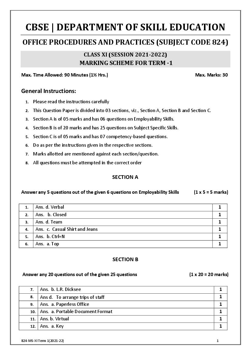 CBSE Class 11 Marking Scheme 2022 for Office Procedures and Practices - Page 1 of 2