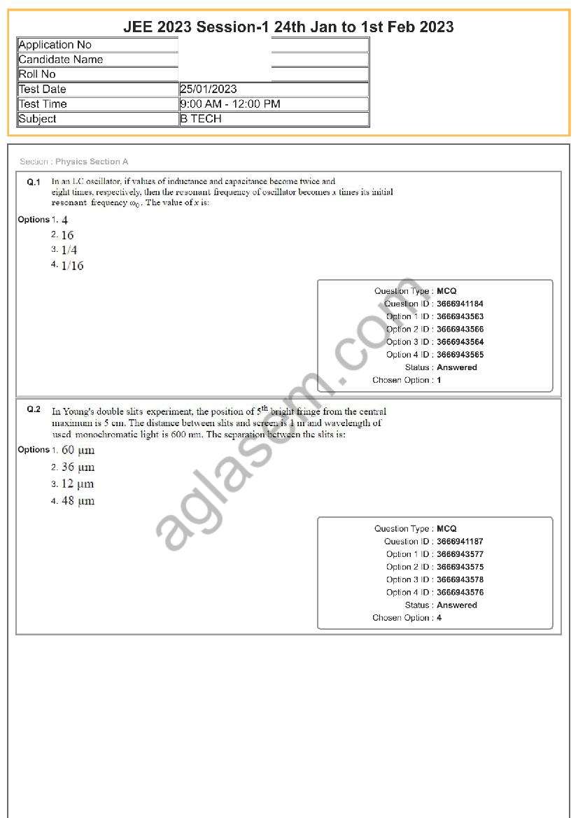 JEE Main 2023 Question Paper - 25 Jan Shift 1 - Page 1