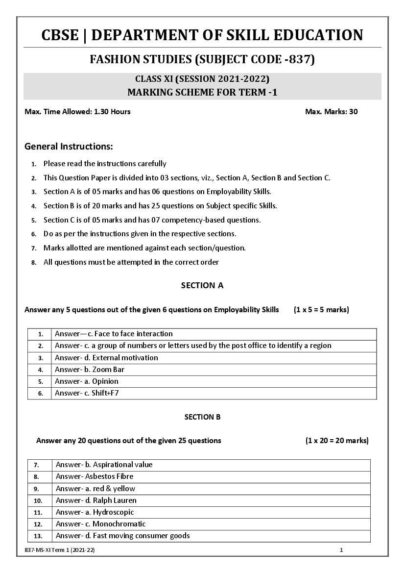 CBSE Class 11 Marking Scheme 2022 for Fashion Studies - Page 1