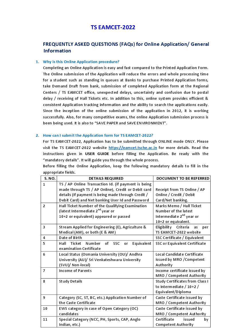 TS EAMCET 2022 FAQs Application Form - Page 1