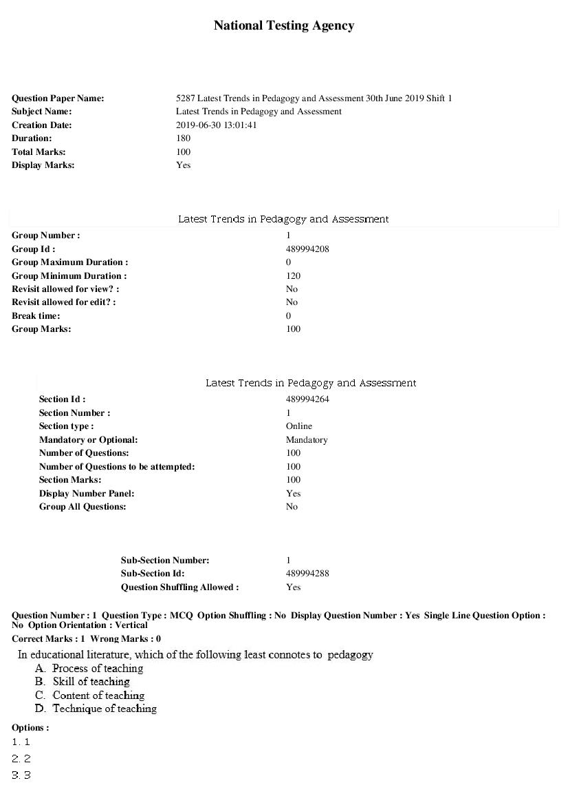 ARPIT 2019 Question Paper for Latest Trends in Pedagogy and Assessment Shift 1 - Page 1 of 30