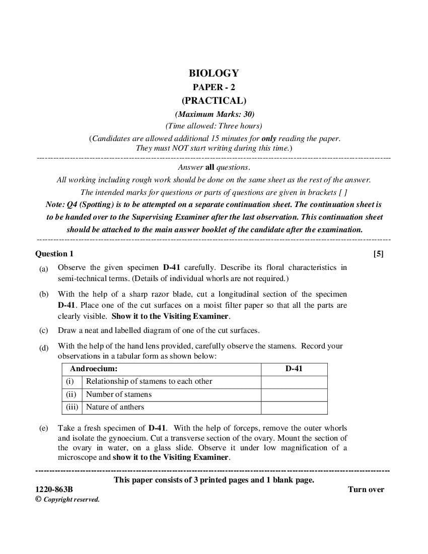 ISC Class 12 Question Paper 2020 for Biology Practical - Page 1