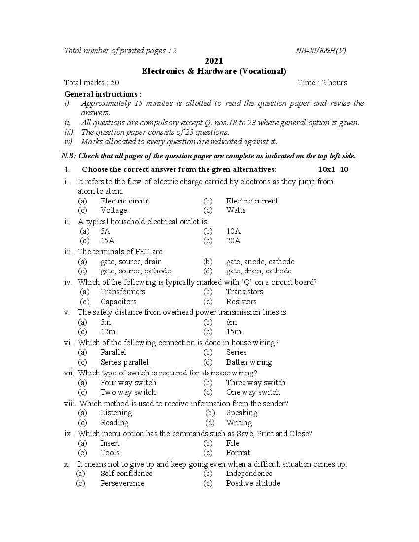 NBSE Class 11 Question Paper 2021 for Electronics and Hardware - Page 1