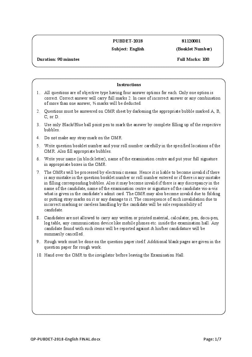PUBDET 2018 Question Paper English - Page 1