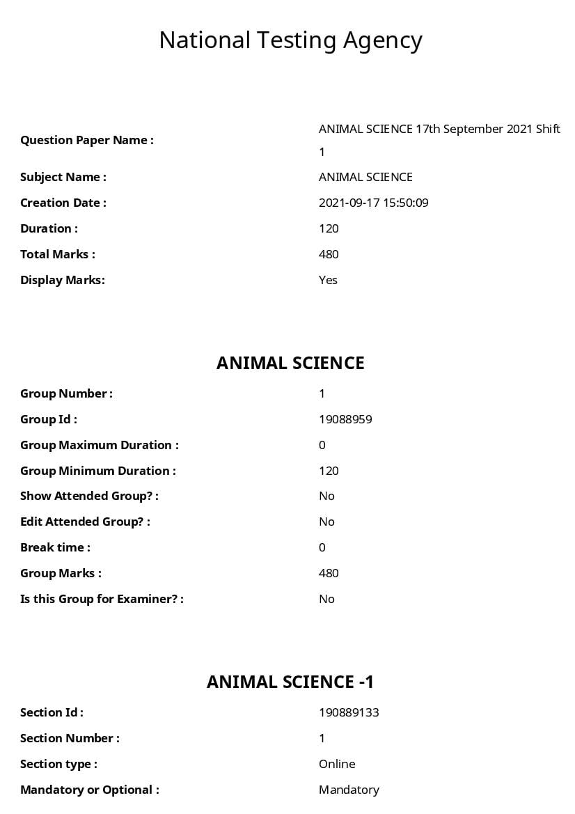 ICAR AIEEA PG 2021 Question Paper Animal Science - Page 1
