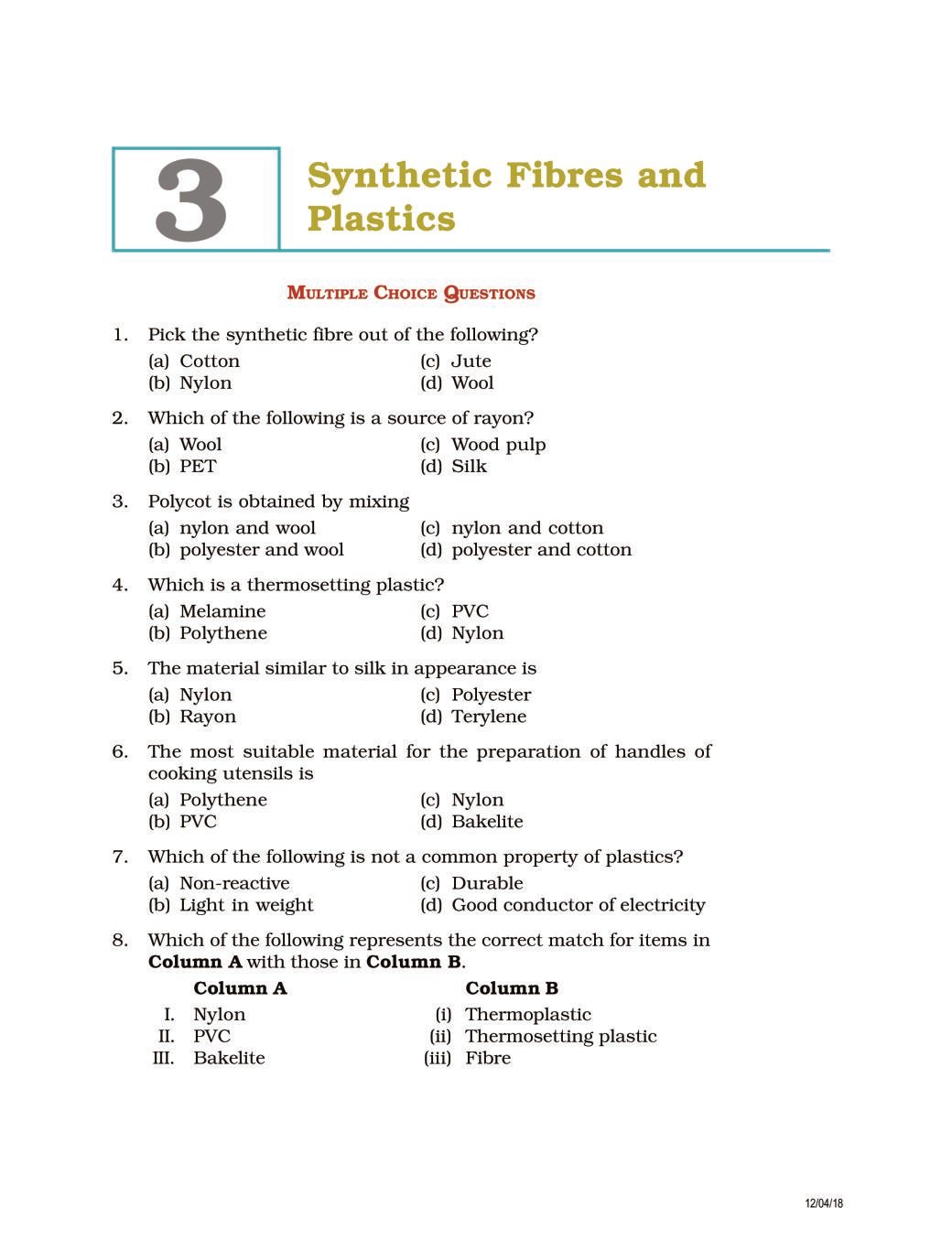 NCERT Exemplar Class 08 Science Unit 3 Synthetic Fibres and Plastics - Page 1
