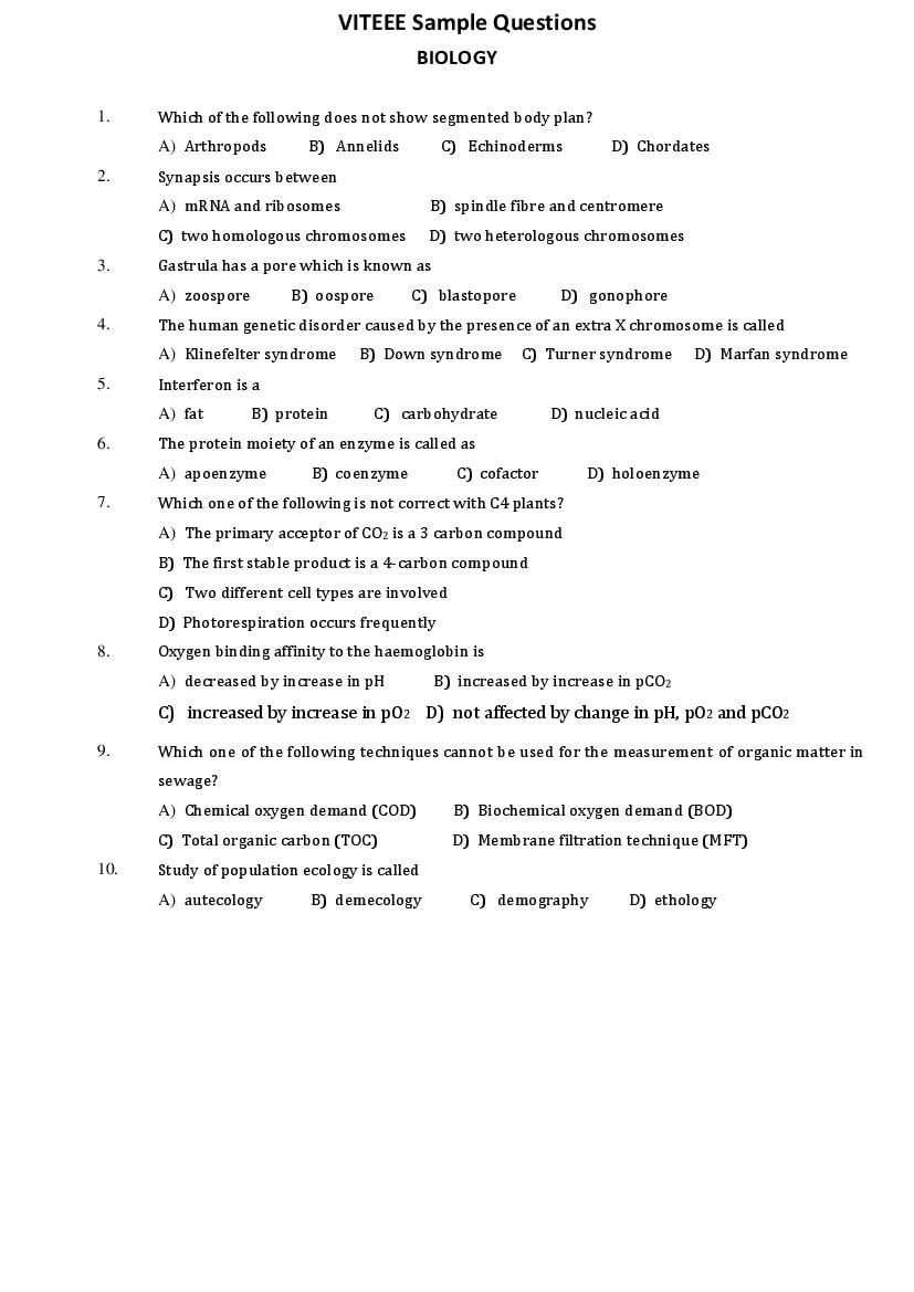 VITEEE Sample Paper Biology - Page 1