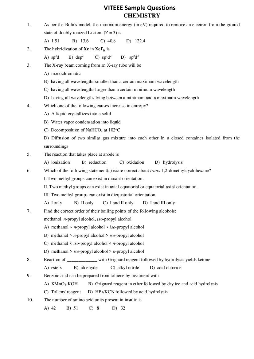 VITEEE Sample Paper Chemistry - Page 1