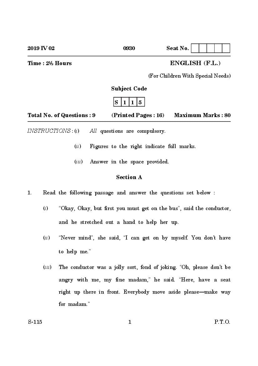 Goa Board Class 10 Question Paper Mar 2019 English F.L. CWSN - Page 1