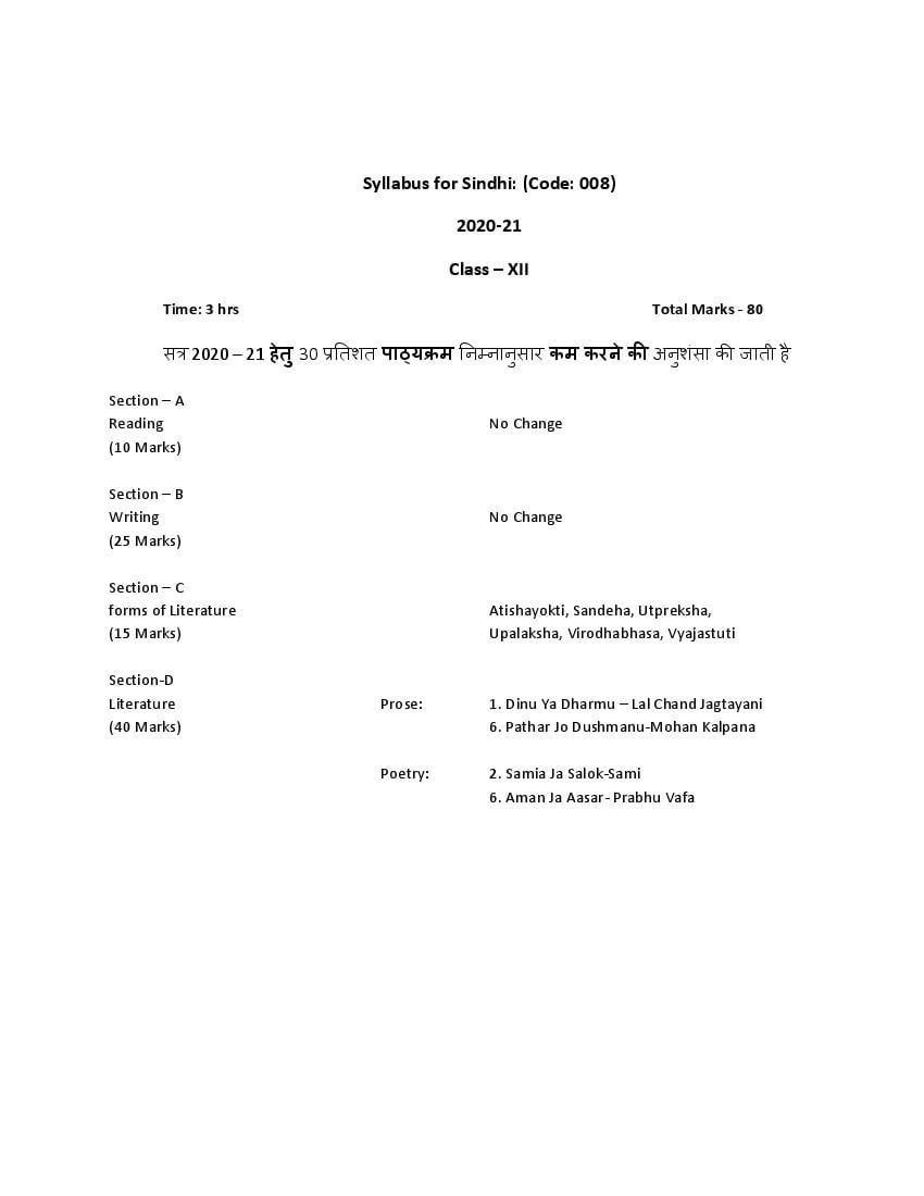 CBSE Class 12 Sindhi Syllabus 2020-21 - Page 1