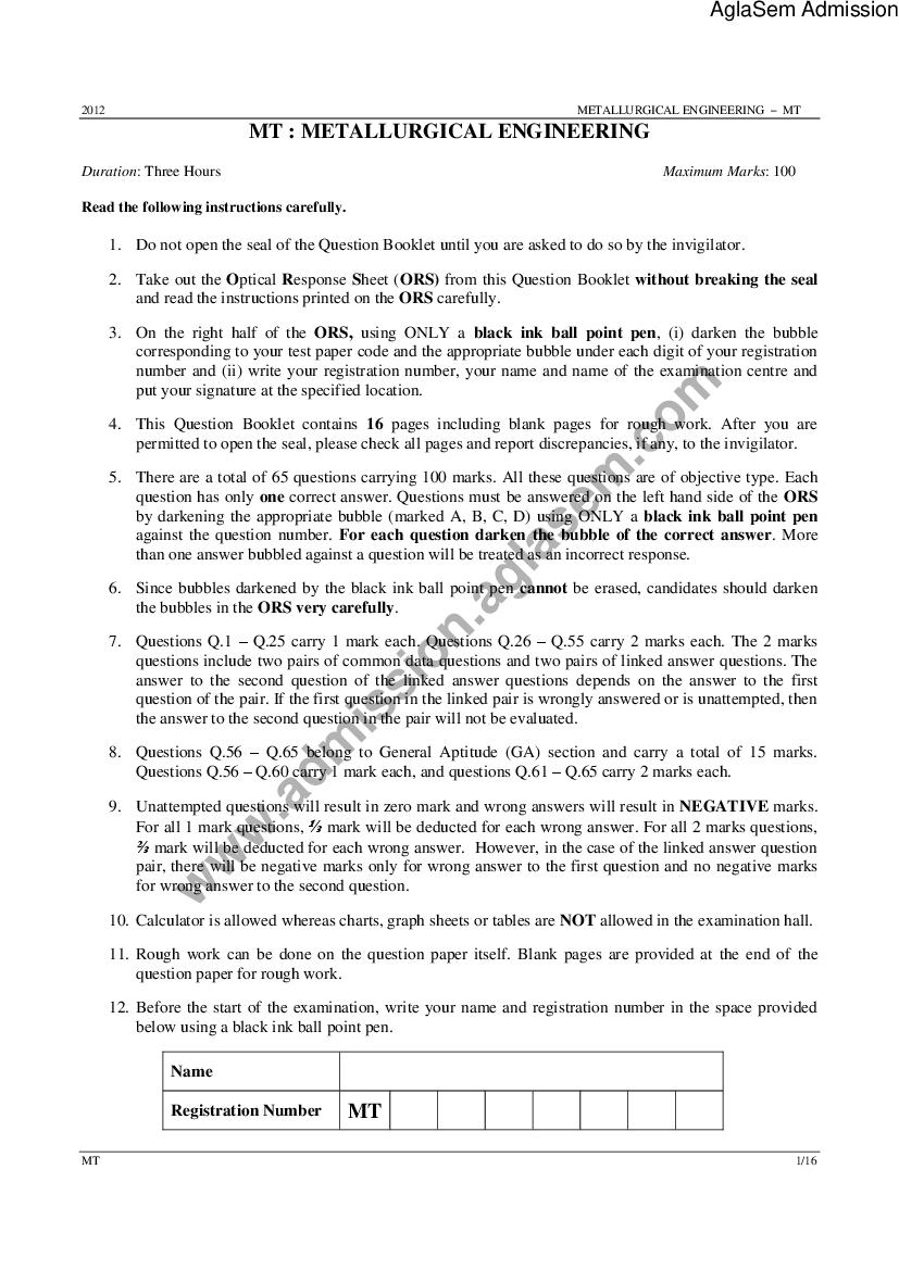 GATE 2012 Question Paper for MT - Metallurgical Enggineering - Page 1
