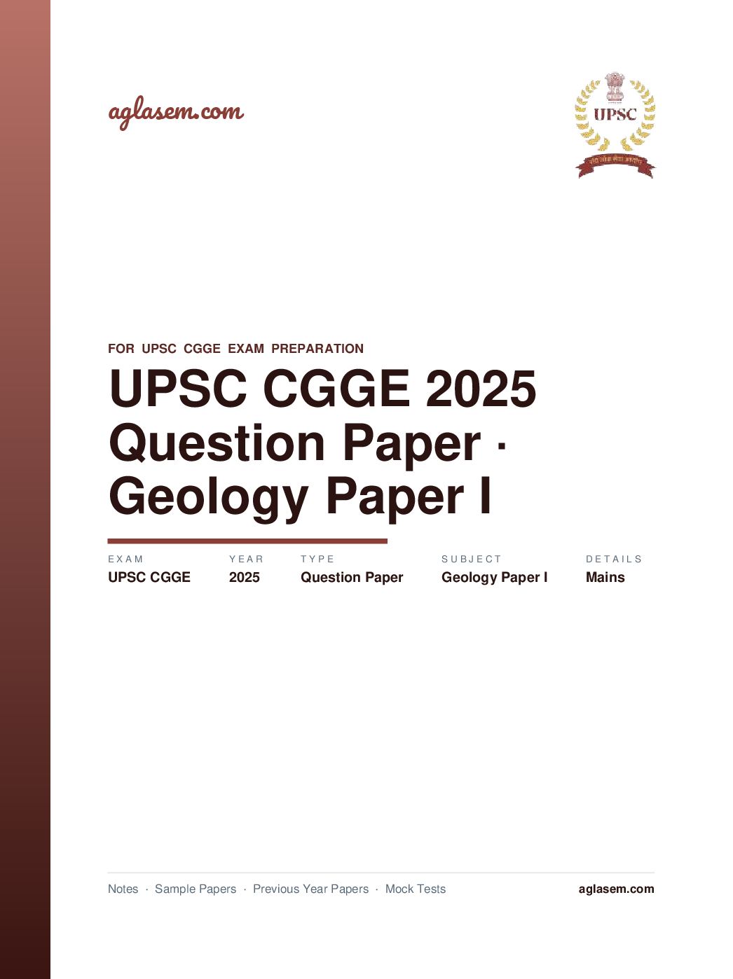 UPSC CGGE 2025 (Mains) Question Paper Geology Paper I - Page 1 of 5
