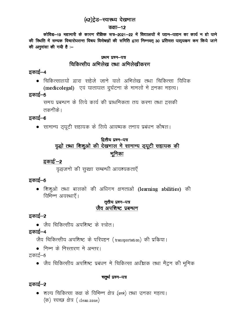 UP Board Class 12 Syllabus 2022 Health Care - Page 1