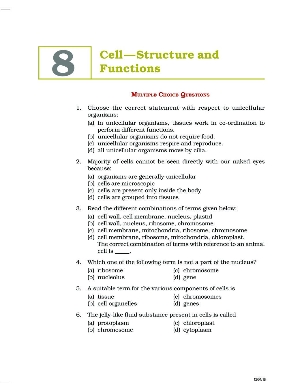NCERT Exemplar Class 08 Science Unit 8 Cell Structure and Functions - Page 1