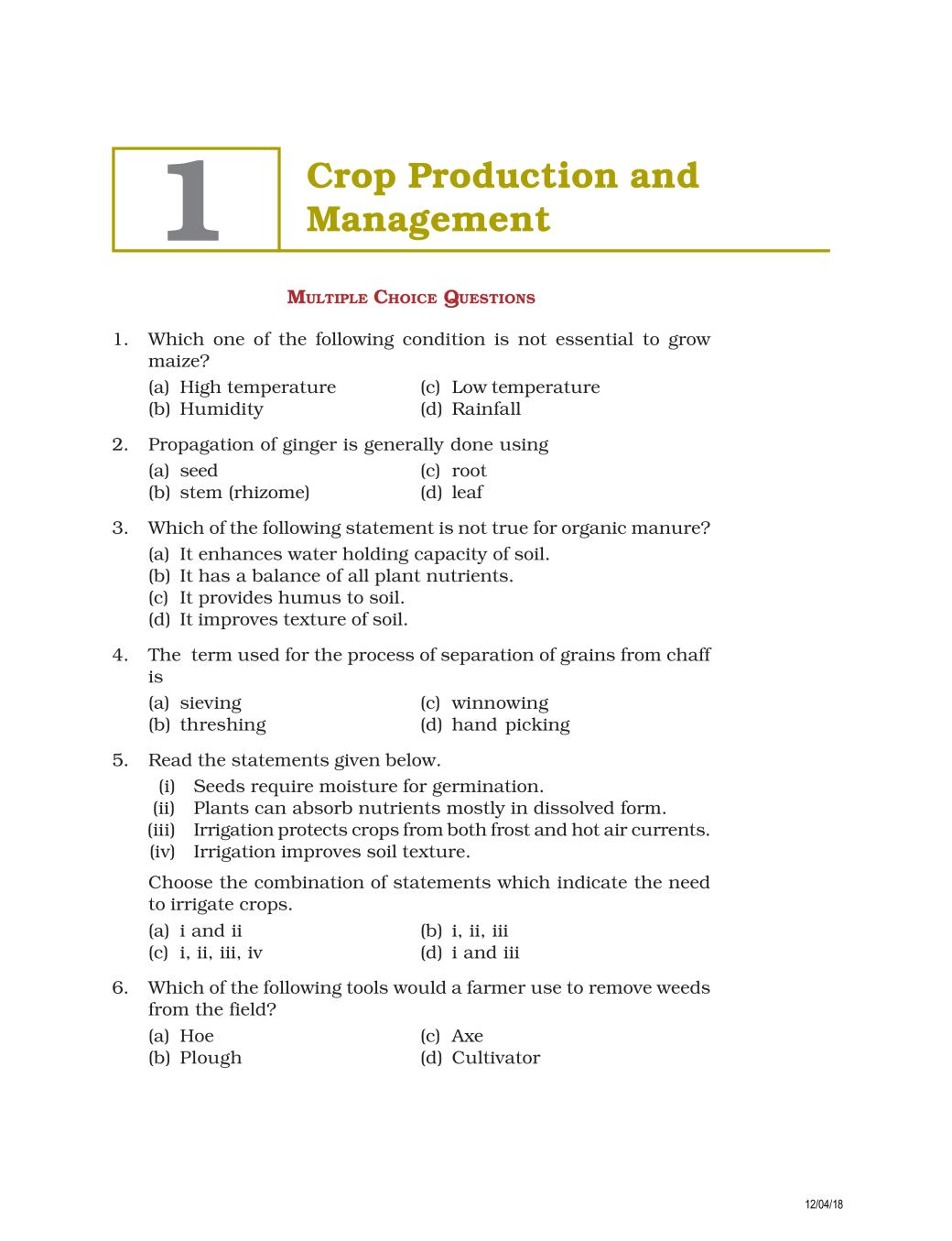 NCERT Exemplar Class 08 Science Unit Crop Production and Management - Page 1