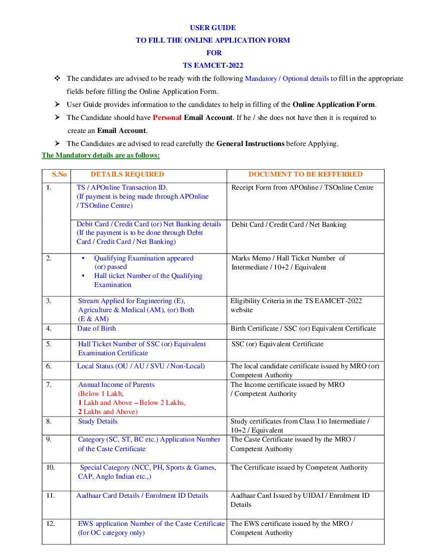 TS EAMCET 2022 User Guide for Filling Online Application Form - Page 1