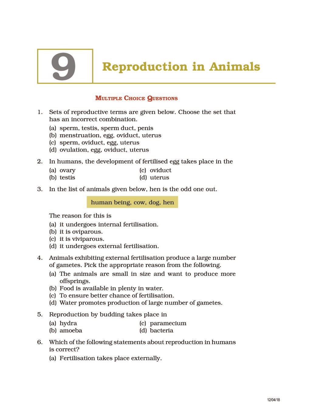 NCERT Exemplar Class 08 Science Unit 9 Reproduction in Animals