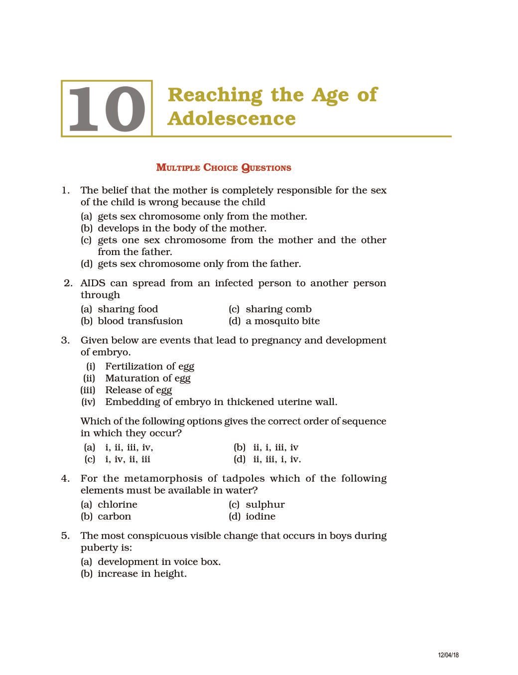 NCERT Exemplar Class 08 Science Unit 10 Reaching the Age of Adolescence - Page 1