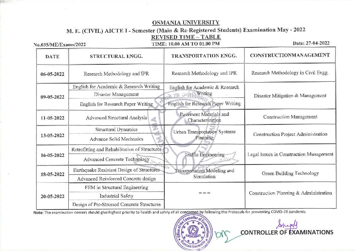 Osmania University Time Table for ME-M.TEch. (All Branches) AICTE 1st