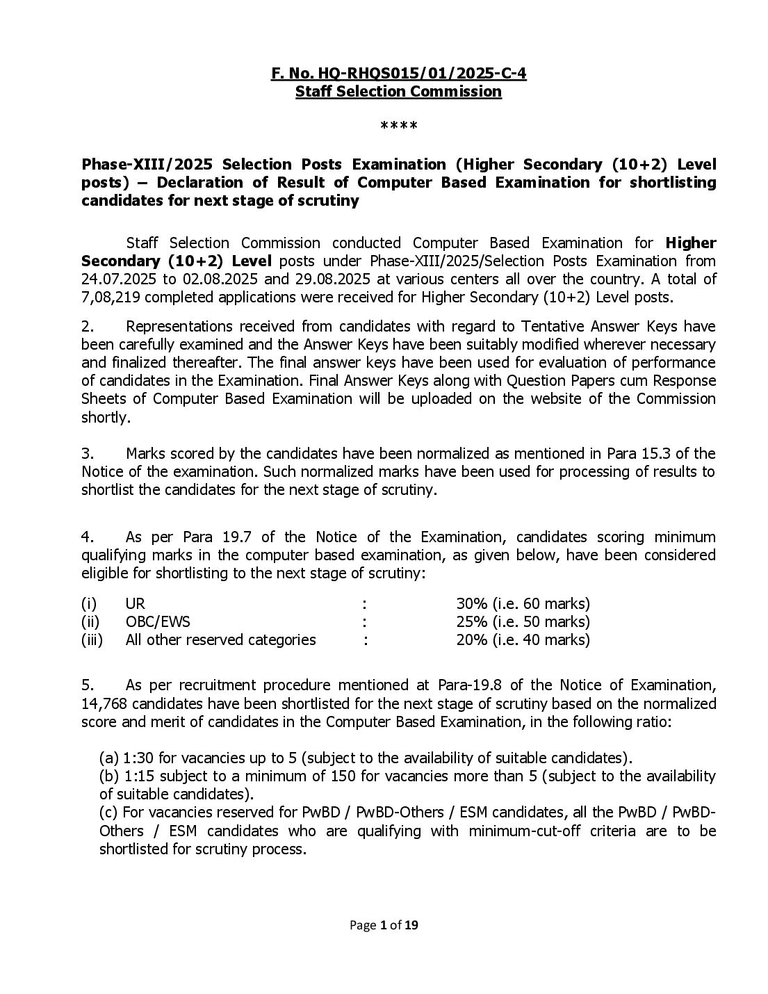 SSC Selection Post 2025 Cut Off Phase 13 Higher Secondary - Page 1 of 19