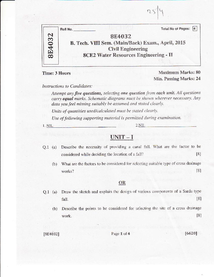 RTU 2015 Question Paper Semester VIII Civil Engineering Water Resources Engineering II - Page 1