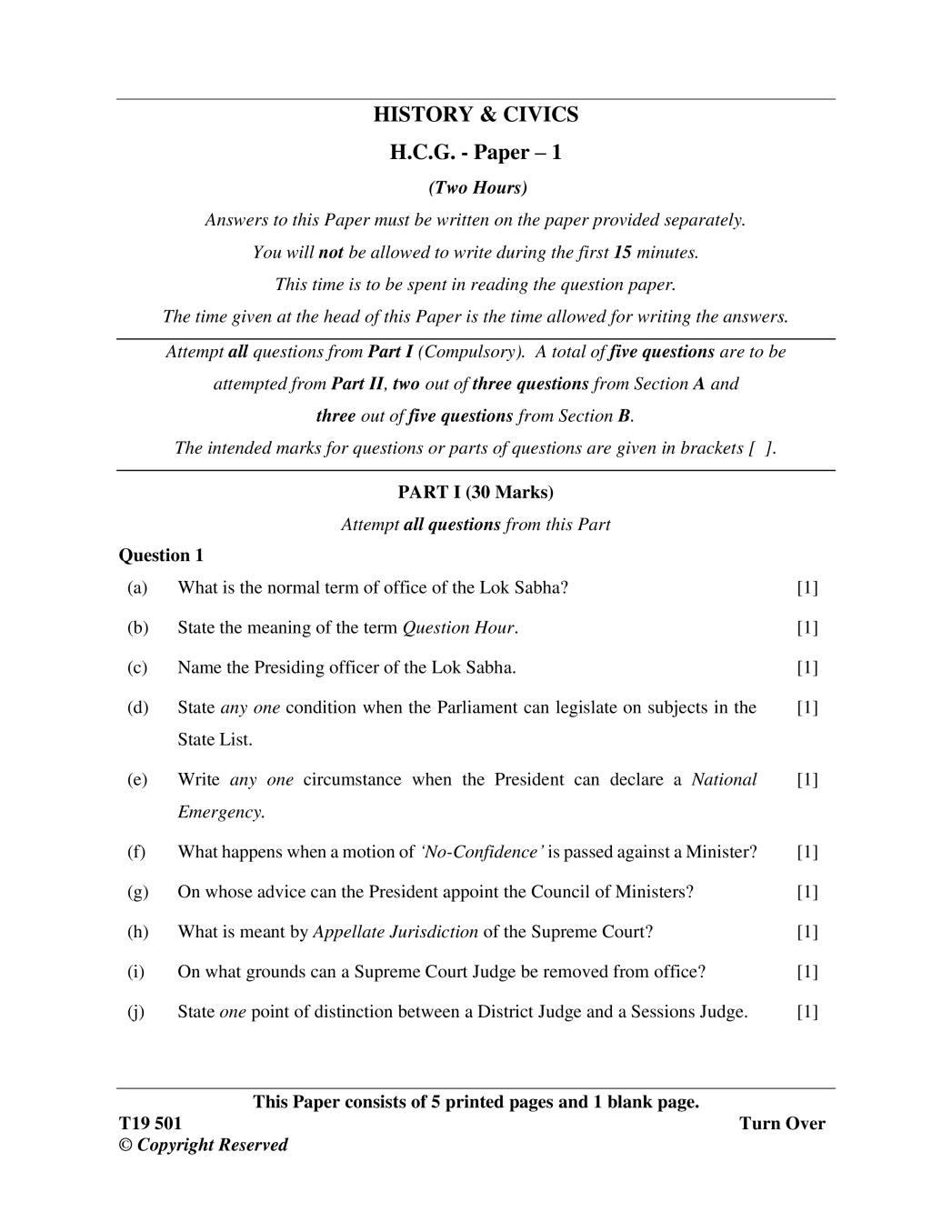 ICSE Class 10 Question Paper 2019 for History & Civics  - Page 1
