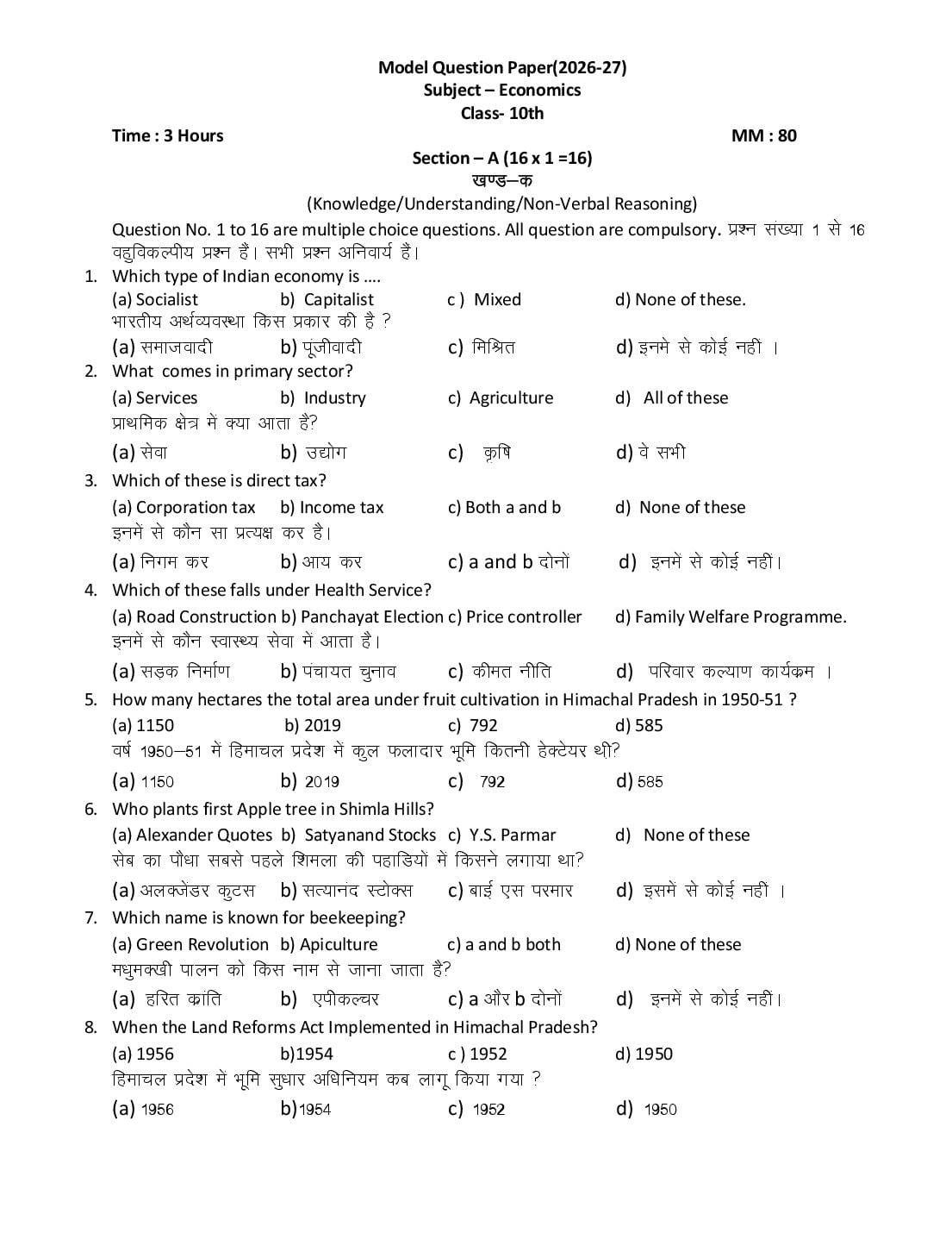 HP Board 10th Class Model Question Paper 2027 Economics - Page 1 of 6