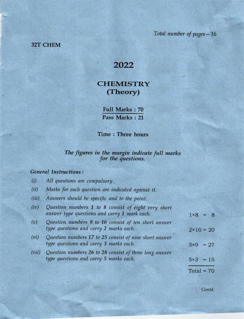 AHSEC HS 2nd Year Question Paper 2022 Chemistry - Page 1