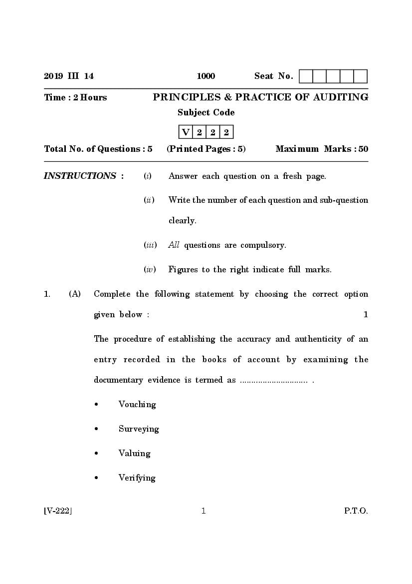 Goa Board Class 12 Question Paper Mar 2019 Principles and Practice of Auditing - Page 1