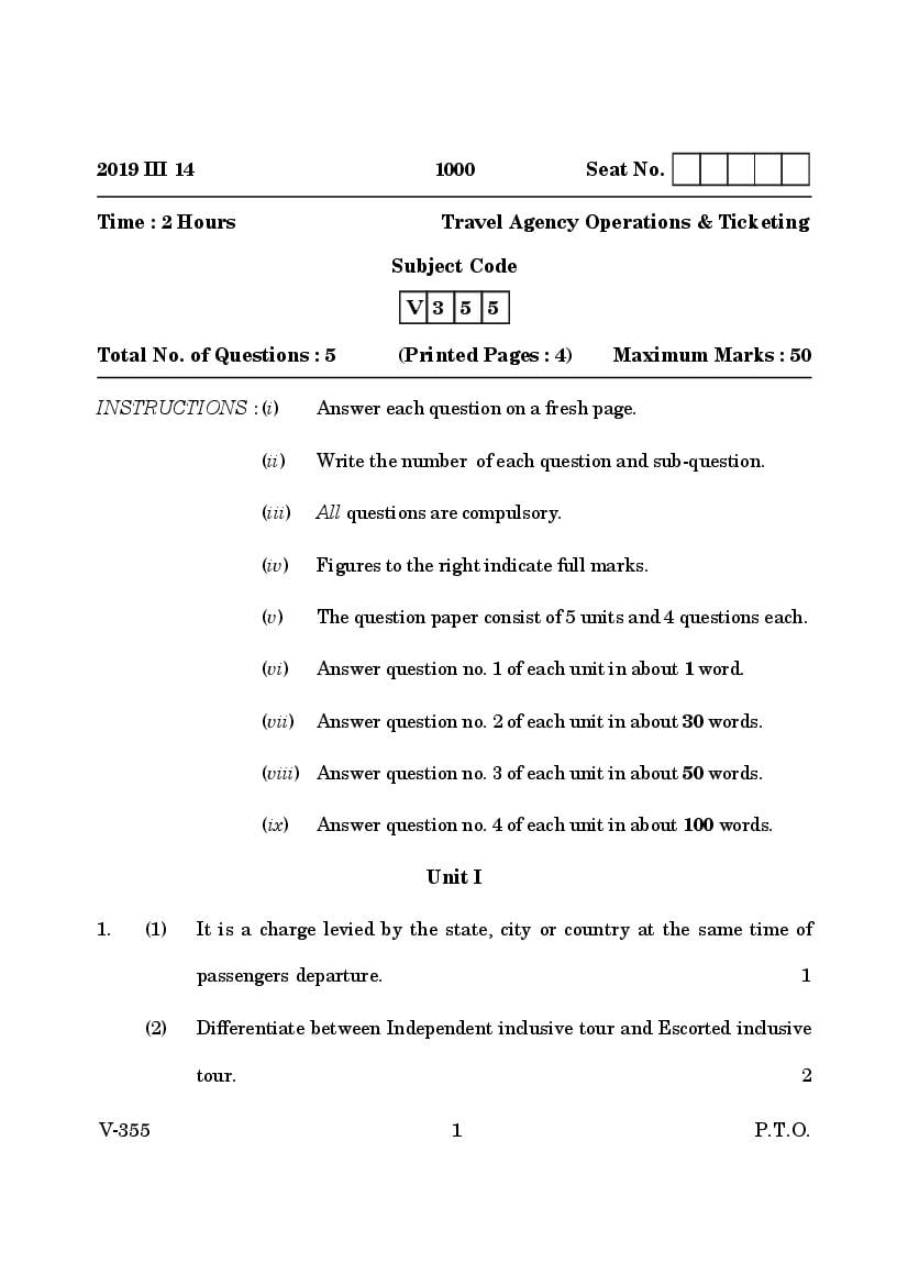 Goa Board Class 12 Question Paper Mar 2019 Travel Agency Operations and Ticketing - Page 1