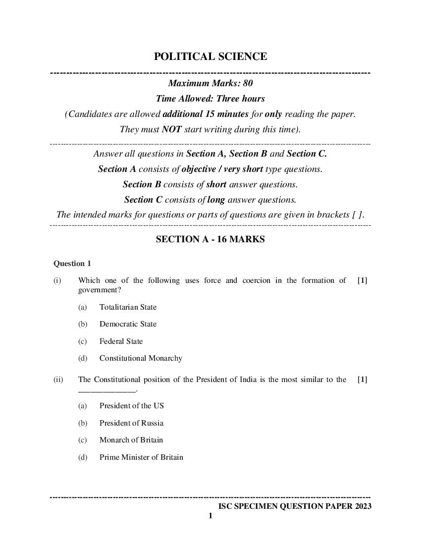 ISC Class 12 Sample Paper 2023 Political Science - Page 1