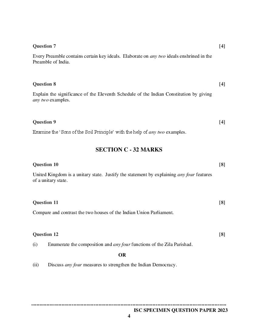 ISC Class 12 Political Science Specimen Paper 2024 (PDF) - OneEdu24