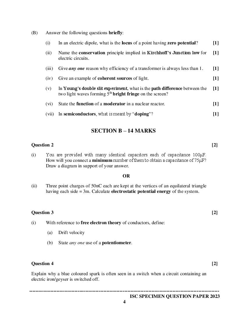 ISC Physics Specimen Paper 2024 (PDF) - CISCE Class 12 Physics Sample Paper