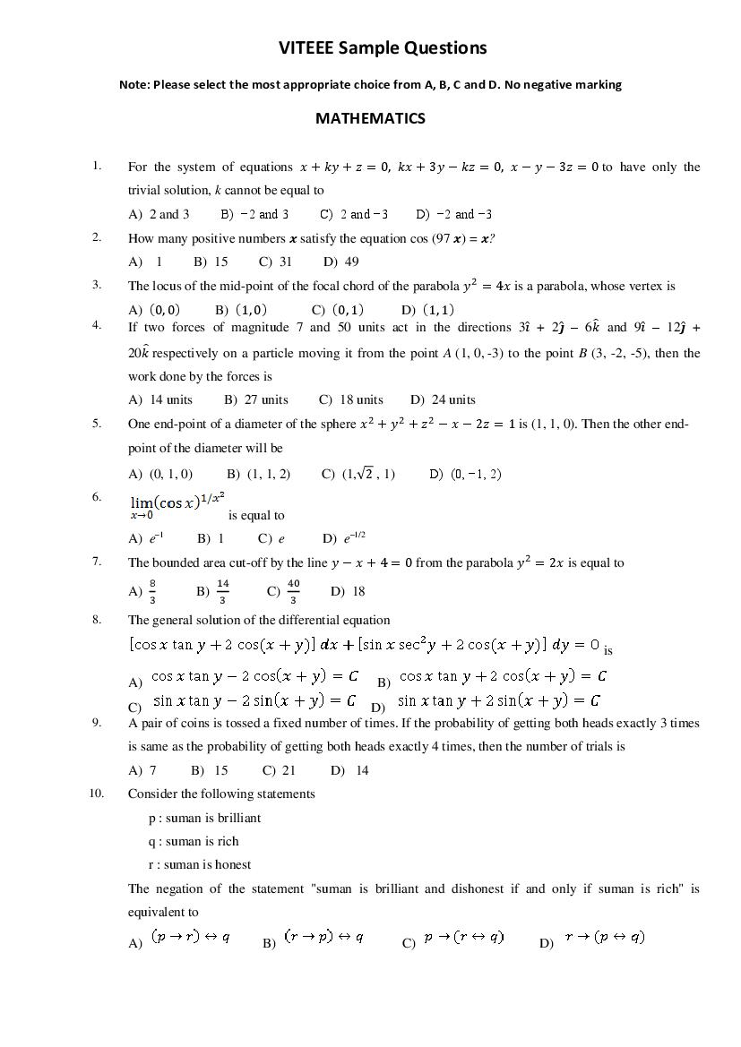 VITEEE Sample Paper Mathematics - Page 1