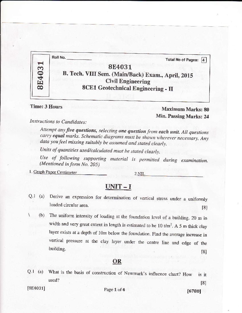 RTU 2015 Question Paper Semester VIII Civil Engineering Geotechnical