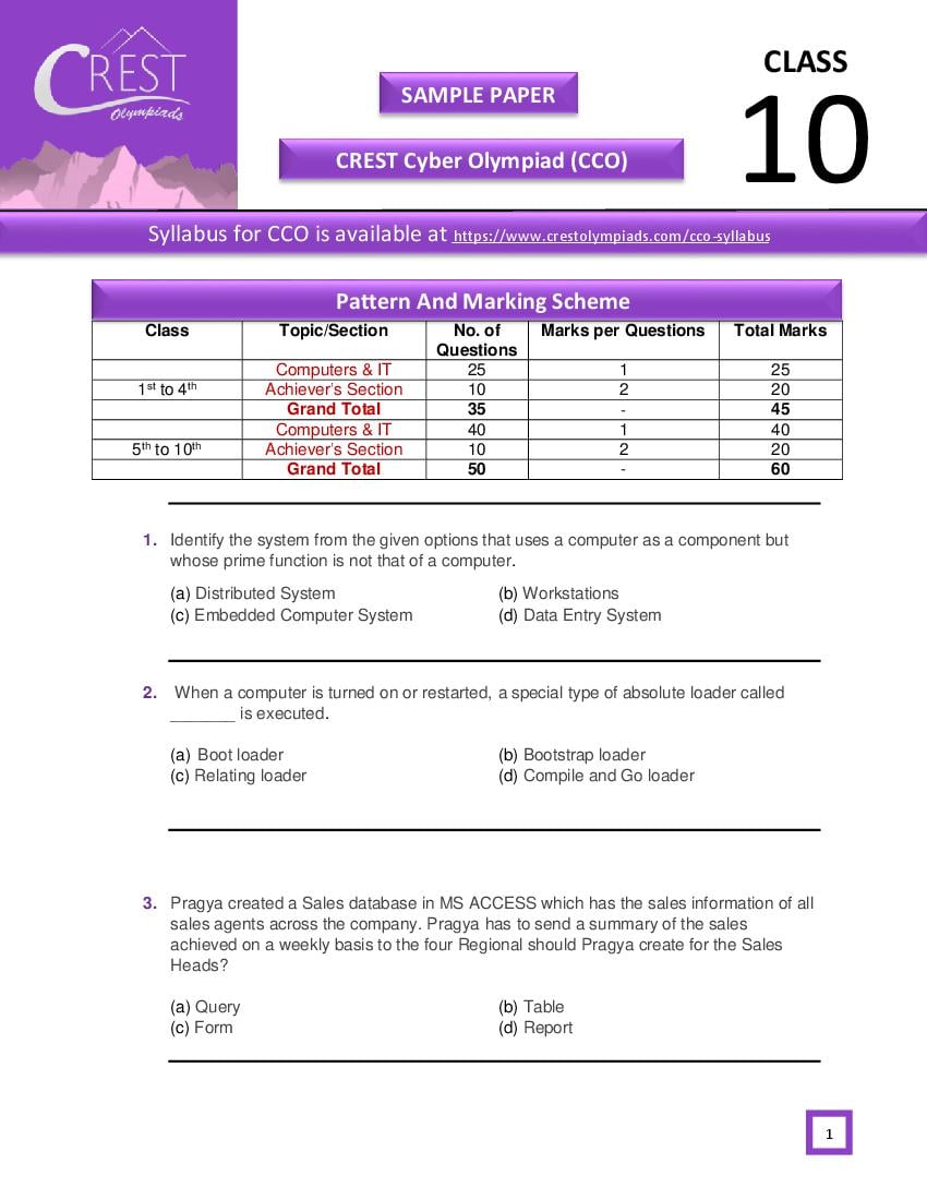 CREST Cyber Olympiad (CCO) Class 10 Sample Paper - Page 1