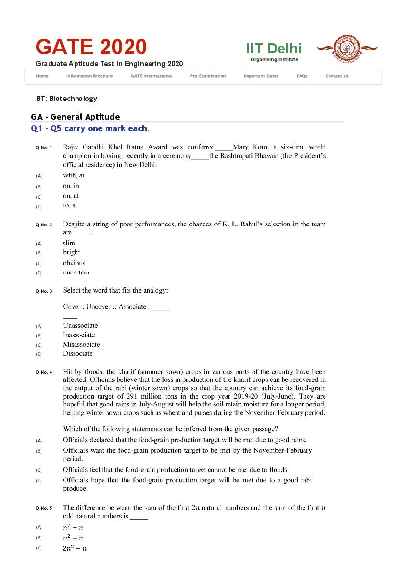 GATE 2020 Question Paper BT Biotechnology - Page 1