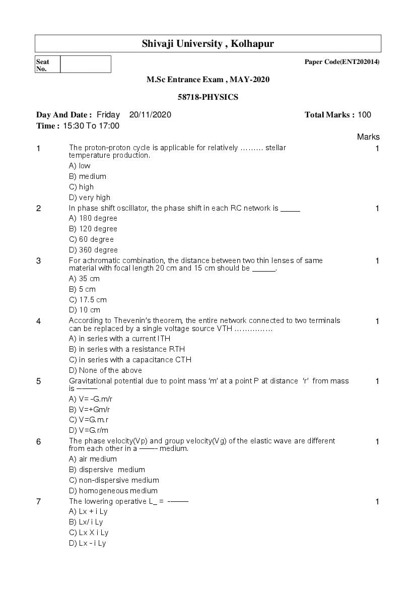 Shivaji University Entrance Exam 2020 Question Paper Physics - Page 1