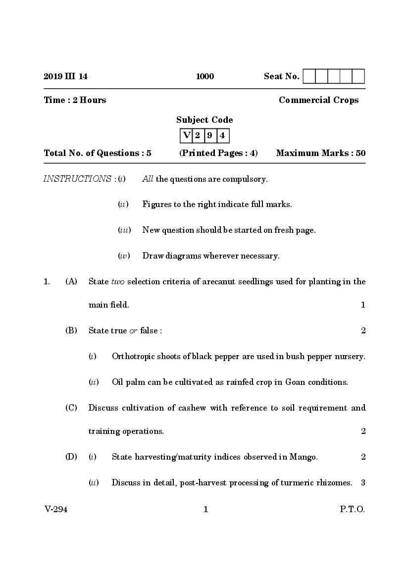 Goa Board Class 12 Question Paper Mar 2019 Commercial Crops - Page 1