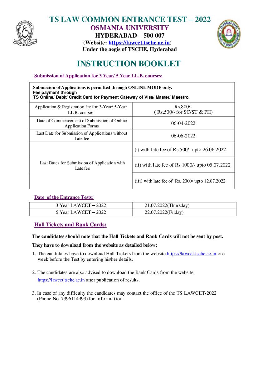 TS LAWCET 2022 Instruction Booklet - Page 1