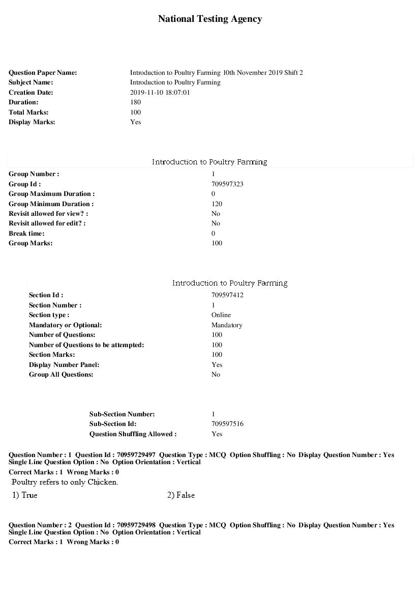 SWAYAM 2019 Question Paper Introduction to Poultry Farming - Page 1 of 16