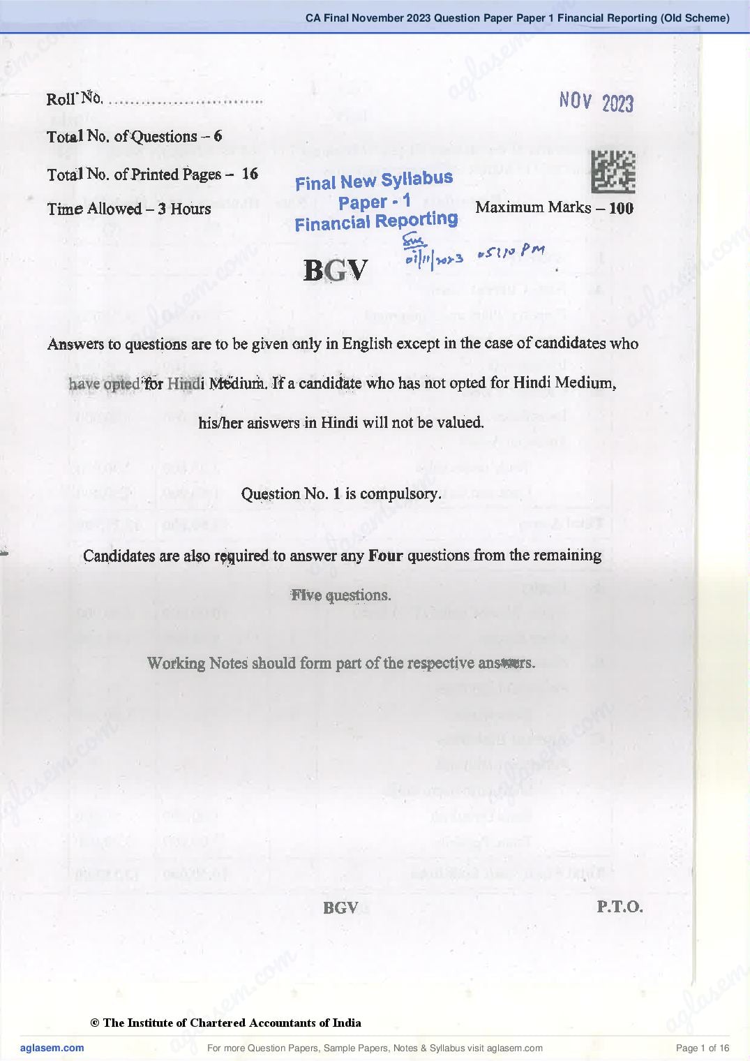 CA Final 2023 Question Papers PDF with Suggested Answers (May, November)