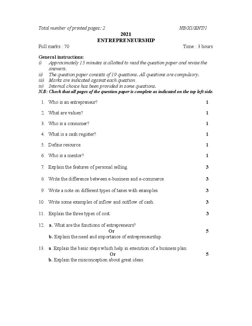 NBSE Class 11 Question Paper 2021 for Entrepreneurship - Page 1