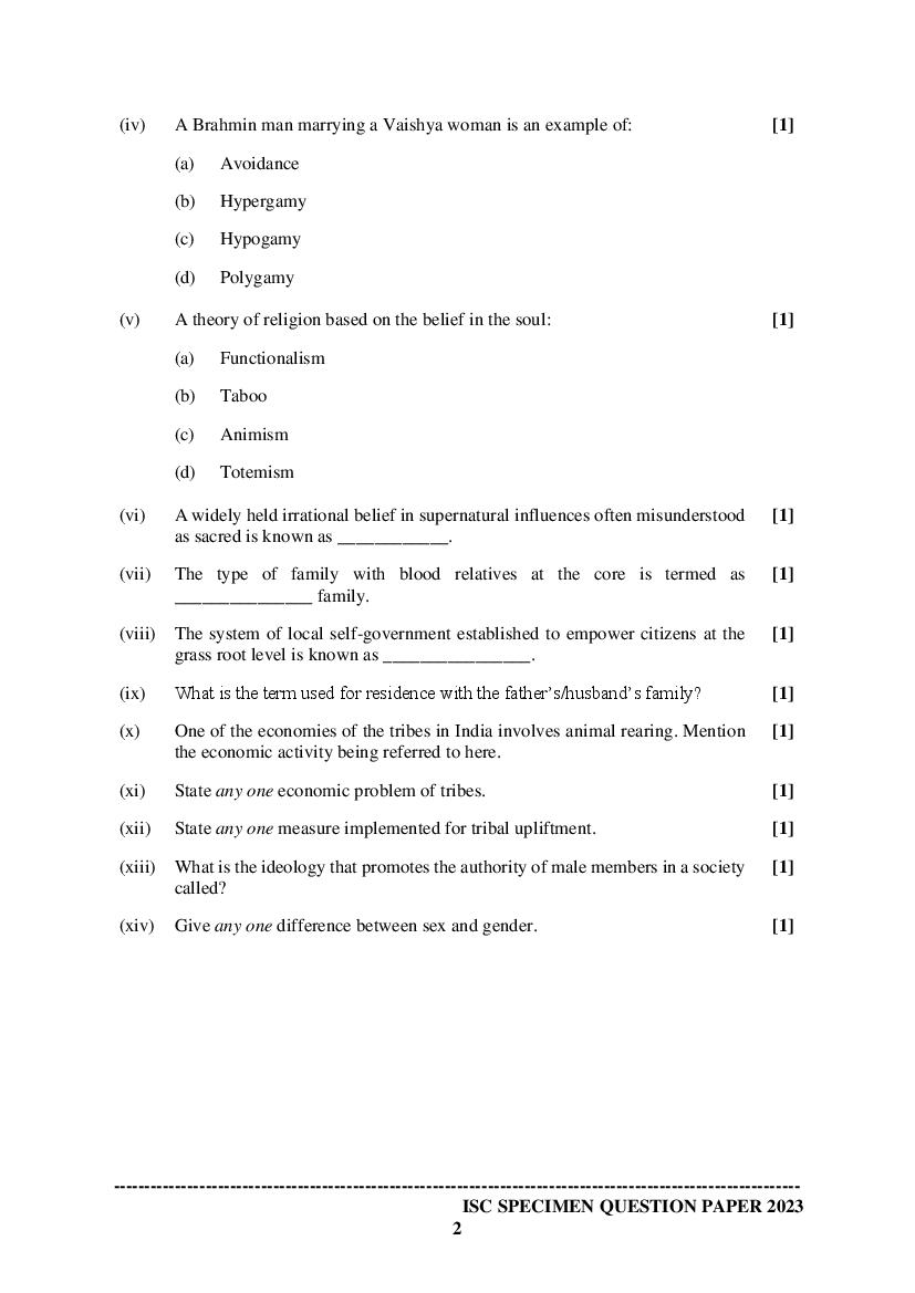 ISC Sociology Specimen Paper 2023 (PDF) – CISCE Class 12 Sociology ...