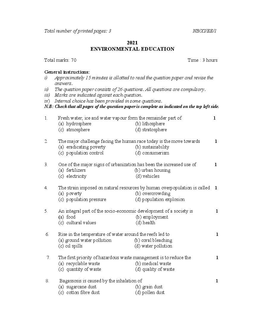 NBSE Class 11 Question Paper 2021 for Environmental Education - Page 1