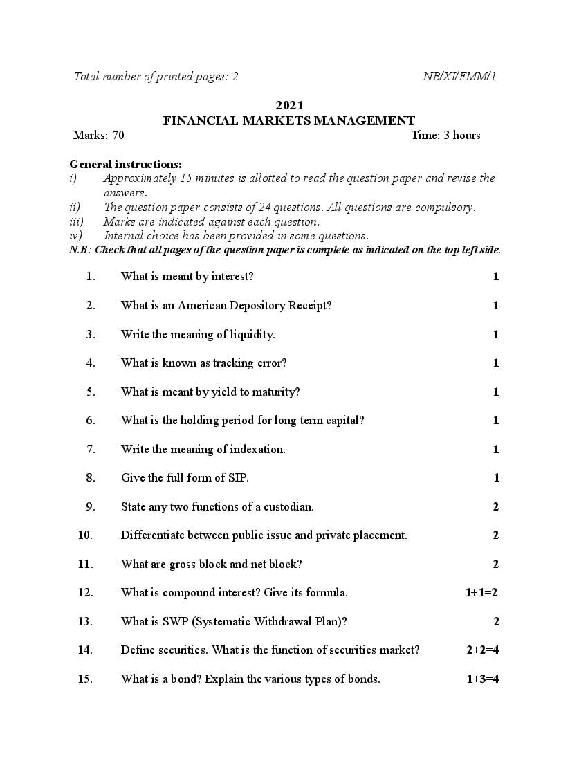 NBSE Class 11 Question Paper 2021 for Financial Markets Management - Page 1
