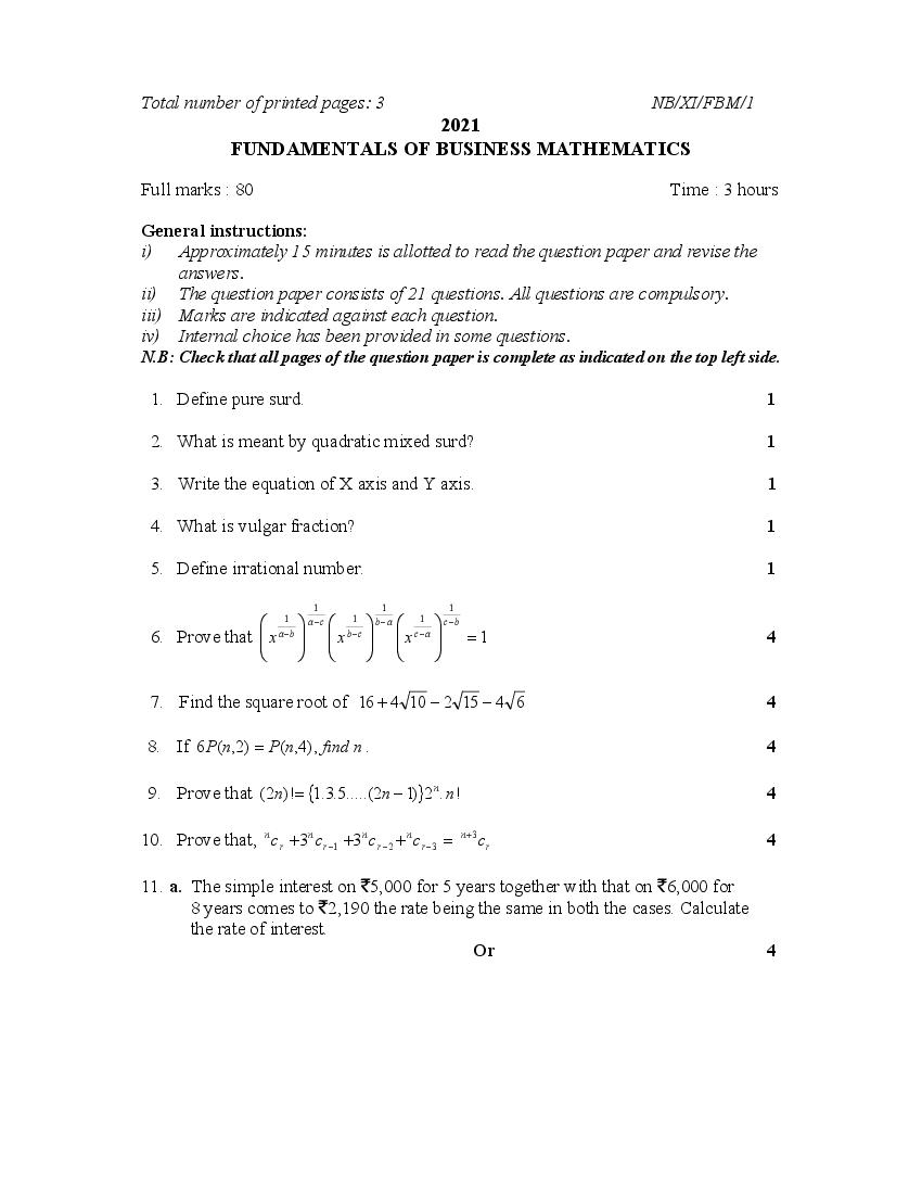 NBSE Class 11 Question Paper 2021 for Fundamental of Business Maths - Page 1